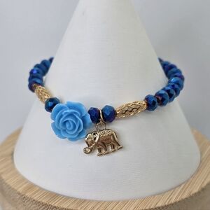 Blue Beaded Bracelet with Rose and Elephant Charm BR217